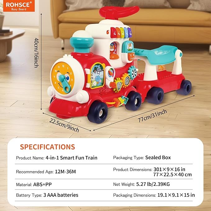 Ride On Toys for Toddlers 1-3 Boys Girls, 4-in-1 Push Pull Sit and Ride Train, Walking Car Toy for 1 Year Old Learning to Walk, Sit-to-Stand Walker for Baby Kids Ages 1 2 3 4 Outdoor Indoor Toy