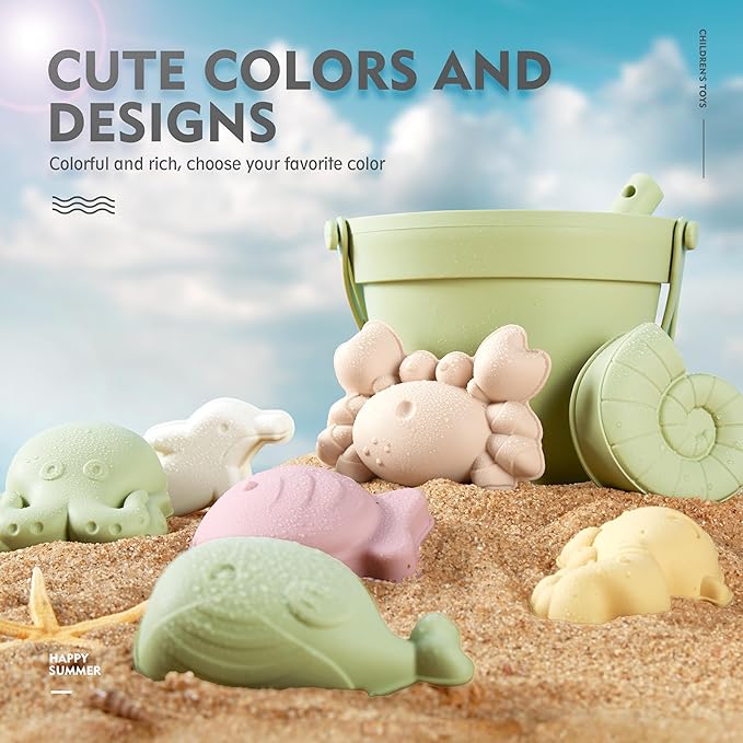MarcZero 11Pcs Silicone Beach Toys,Modern Baby Beach Toys,Travel Friendly Beach Set,Silicone Bucket, Shovel, 8 Sand Molds, Beach Bag, Sand Toys for Toddlers, Kids (Green)