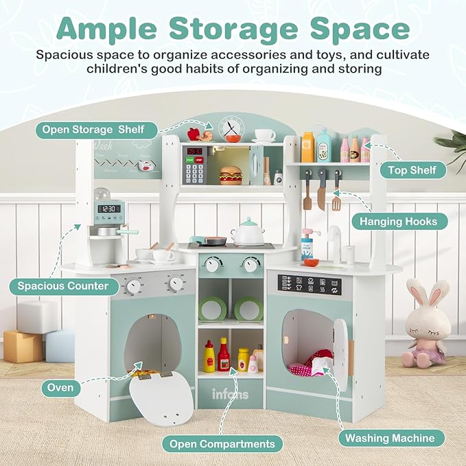 INFANS Corner Kids Kitchen Playset, Toddler Wooden Pretend Cooking Set with Lights Sounds Coffee Machine Washing Machine, Stove Removable Sink Storage Cabinet, Simulation Play Kitchen Toy (Blue)