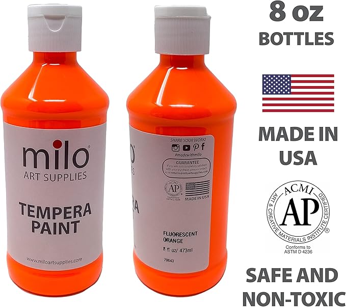 milo Fluorescent Neon Washable Paint for Kids | 8 oz Bottles 8 Colors | Made in the USA | Glows UV in Black Light | Safe & Non-Toxic Tempera Paint for Art & Craft, Poster, Window, for Children, Toddler, Classroom, School