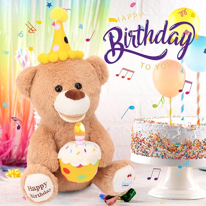 Hopearl Adorable Happy Birthday Teddy Bear with Glowing Cupcake Musical Stuffed Animal Bear Singing and Shaking Plush Toy Interactive Animated Kids Gifts, Brown, 15’’
