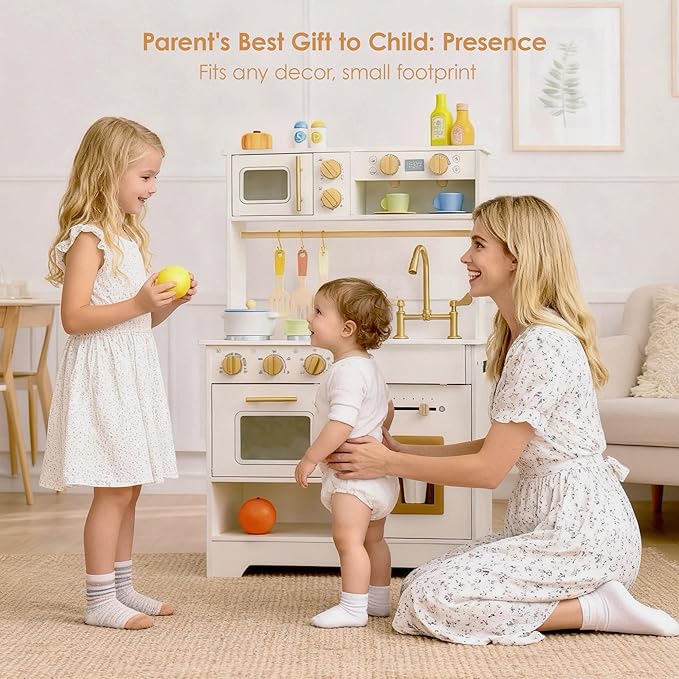 Wooden Play Kitchen for Kids with Ice Maker — Small White Pretend Kitchen Set with Sink, Stove, Oven & Microwave, Utensils and Storage, Montessori Role-Play Toy, Gift for Toddlers Ages 3+