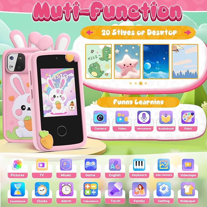 Luyiilo Kids Smart Phone Toys for Girls,Easter Gift for Kids Toys for 3-9 Girls Mini Smart Phone Toys with 2.8" Touchscreen 16 Learning Games Dual Camera Music Player, 8G SD Card