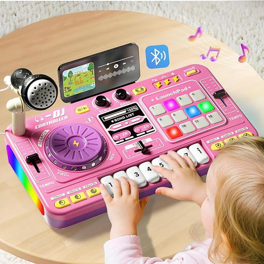 Baby DJ Table, Toddlers DJ Mixer Toy Sets with Lights, Songs, Sound Effects, Microphone, Baby Electronic Piano Sets, Chiristmas Birthday Gifts for 3 4 5 6 Years Old Girls