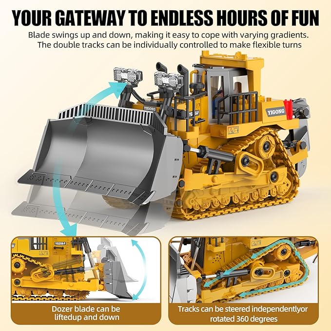 RC Bulldozer Toy with Metal Blade, Light and Sound, 9CH 2.4GHz Remote Control Construction Truck, Tractor Dozer Toys for Boys Kids Ages 3-12 Year Old, Christmas Birthday Gifts