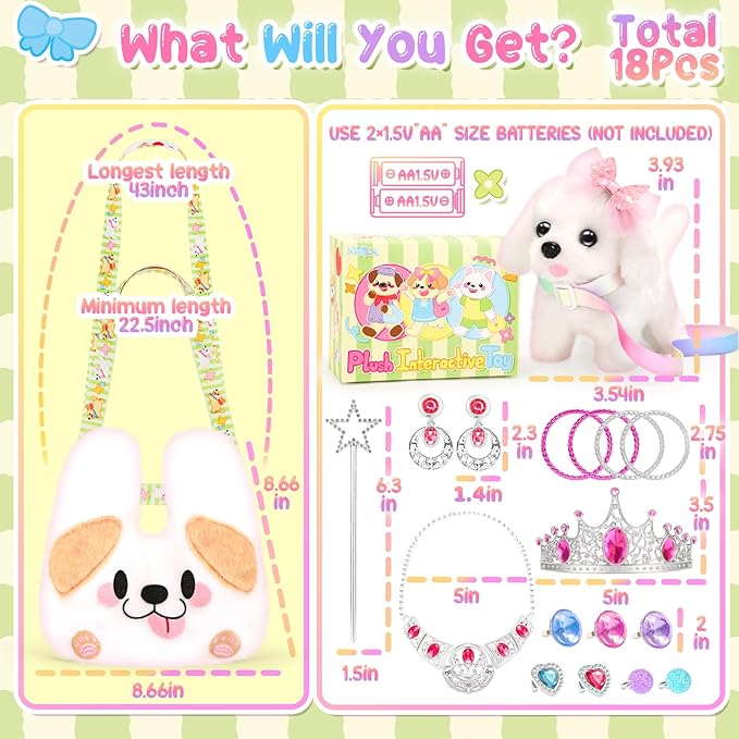 Plush Dog Toys for Kids with Crossbody Bags Princess Jewelry, Robot Puppy with Leash Walking Barking, Pretend Play Dress Up Interactive Stocking Stuffers for Toddler Girl Toys Birthday Gifts