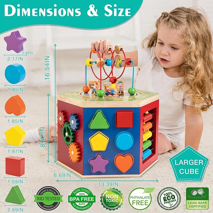 Large Activity Cube, 9-in-1 Farm-Themed Wooden Play Center, Multipurpose Montessori Toy for 1-2 Year Old Baby Toddler Kid, First Birthday Gift | Bonus Magnetic Train Cars