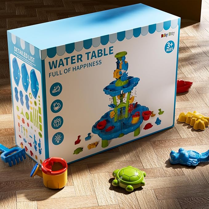 Water Table for Toddlers 3-5 4-8, 2-Tier 3 in 1 Kids Sand and Water Table, Summer Outdoor Beach Outside Backyard Activity Sensory Water and Sand Tables, Birthday Party Gift for Kids Boys and Girls