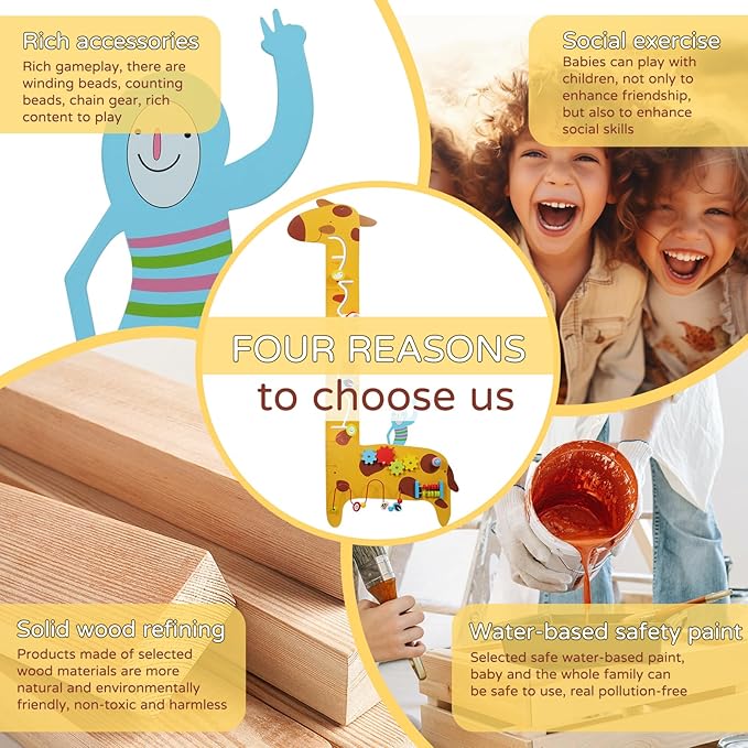 Activity Wall Panels for Toddlers,7 Activities Multifunctional Busy Board Wooden Wall Activity Center,Giraffe Height Ruler - Children’s Early Education Sensory Exercises-Kids Room Decor for Play