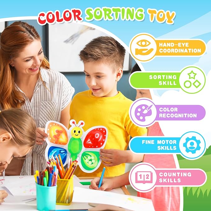 3Pack Color Sorting Toys Sensory Toys : Fine Motor Skill Games Learning for Toddlers, Color Matching Fidget Sensory for Calm Down, Preschool Learning & Educational Montessori (bee-Fish-Gamepad 3Pack)