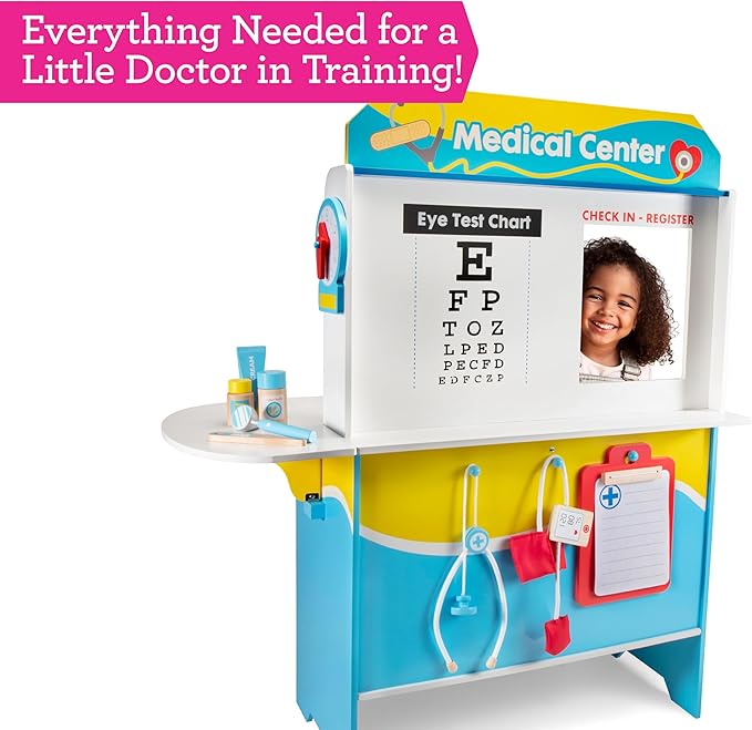 Get Well Doctor Wooden Activity Center- Kids Pretend Play Medical Playset w Waiting Room- 16 Accessories, Dual Sided, Office Checkup Kit, X-Rays, Blood Pressure Cuff- Boys Girls Roleplaying Xmas Gift