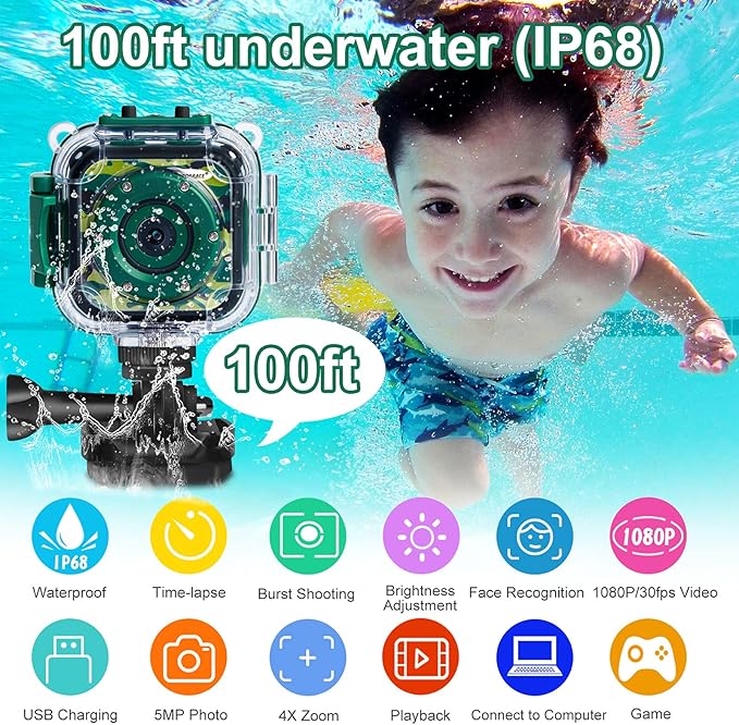 PROGRACE Waterproof Camera for Kids - Children Digital Video Cameras Underwater Camera 1080P Toddler Sports Cameras for Boys Birthday Cámara Pool Toys Age 3 4 5 6 7 8 9 10 11 12
