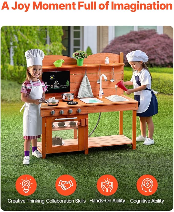 VEVOR Wood Outdoor Play Kitchen for Kids, 41.3in Extra-Wide Design with Realistic Stoves, 2 Removable Sinks, Upgraded Faucet, Blackboard & Cookware Pots, Outdoor Mud Kitchen for Boys & Girls