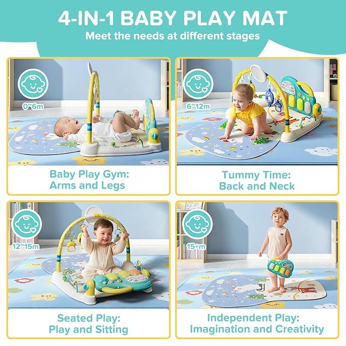 Baby Play Mat Kick and Play Piano Gym，Baby Floor Play Gym Tummy Time Mat，Baby Activity Mat with Music Lightsat and Sensory Toys Boy & Girl Gifts for Infant Newborn 0 to 3 6 9 12 Months (Blue)