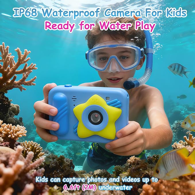 IP68 Waterproof Camera for Kids,Underwater Toys Camera with Dual Lens, 48MP 1080P Digital Camera with 32GB Card & 8X Zoom, Fun Birthday for Boys and Girls Ages 3-12 (Star, Blue)