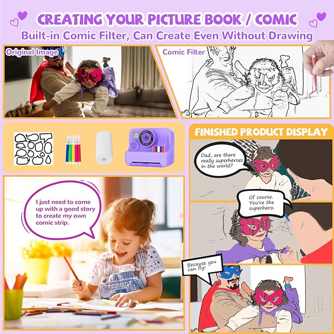 Instant Print Camera for Kids - Christmas Birthday Girls Gifts for Age 3 4 5 6 7 8 9 10 Year Old, 2.4 Inch Screen Kids Instant Camera, Toddler Camera Toys for Age 3-12 with 32 GB SD Card