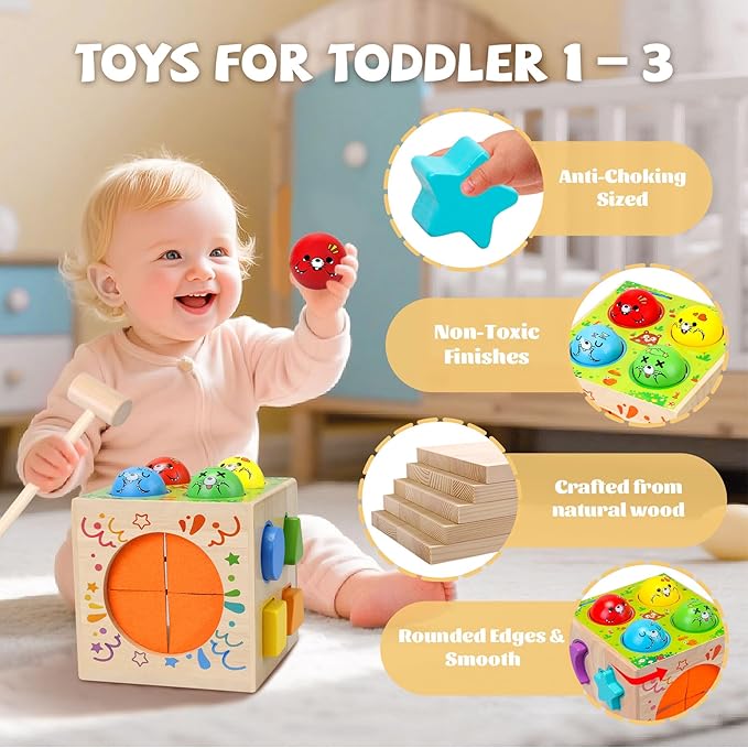 4-in-1 Montessori Toys for 1+ Year Old - Shape Sorting Activity Cube, Hammer Pounding Game, Baby Blocks & Sensory Toys for Toddlers 1-3, Wooden Toy Gift for 1 Year Old Boys and Girls