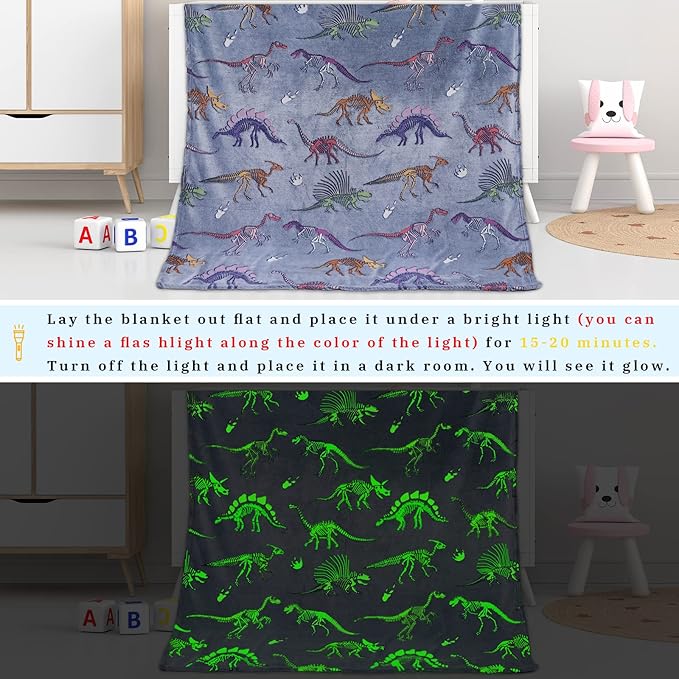 Glow in The Dark Dinosaur Blanket for Boys Girls Kids Cute Dino Throw Blankets for Couch, Kids Fleece Blankets, Soft Warm Plush Dinosaur Toddler Blanket Luminous