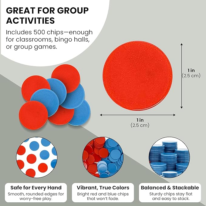 Juvale Plastic Counting Chips for Kids Math, Bingo & Poker Games, 500 Pack – 1 Inch Red and Blue Two-Color Counters for Classroom Learning, Sorting, Probability, Math Manipulatives & Game Tokens