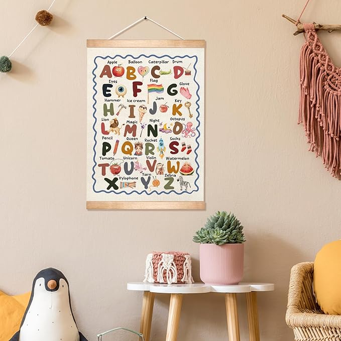Educational Wall Art Posters ABC Alphabet Chart, Learning Posters for Kids,ABC Banner Poster, Canvas Wall Hanging Decor for Toddler Room Playroom Nursery Wall Classroom Decor 18.5x14inch(Colorful-06)