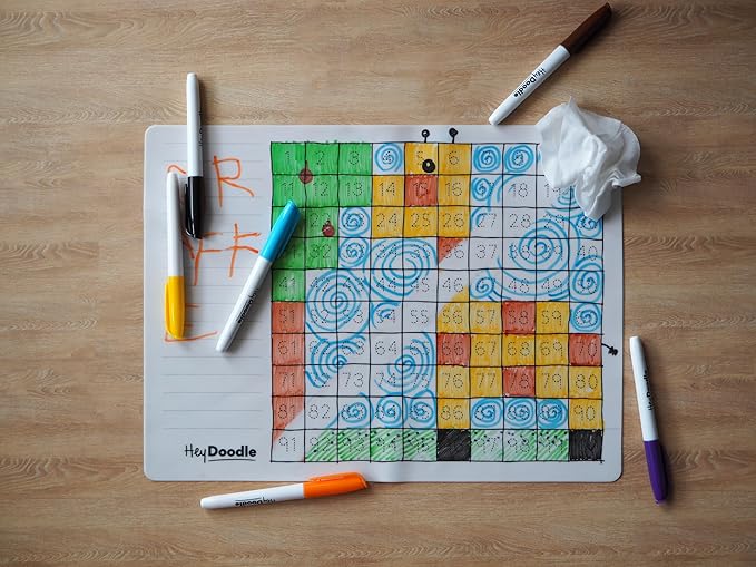 100 Squares Classic Doodle Mat – Reusable Silicone Math Activity for Toddlers and Kids – Educational Number Chart with 9 Dry Erase Markers – Mess-Free Learning Toy – Ages 3-7