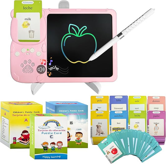 Spanish&English Talking Flash Cards for Toddlers - LCD Writing Tablet Kids - Drawing Tablet Toddler Toys 510 Sight Words Learning Montessori - Autism & Speech Therapy Toys - Kindergarten Gifts (Pink)