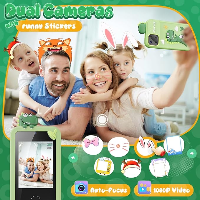 Luyiilo Kids Smart Phone Toys for Boys,Dinosaurs Gift Toys for Boys Ages 3-9 Christmas Birthday Gifts Mini Smart Phone Toys With 2.8" Touchscreen 16 Learning Games Dual Camera Music Player, 8G SD Card