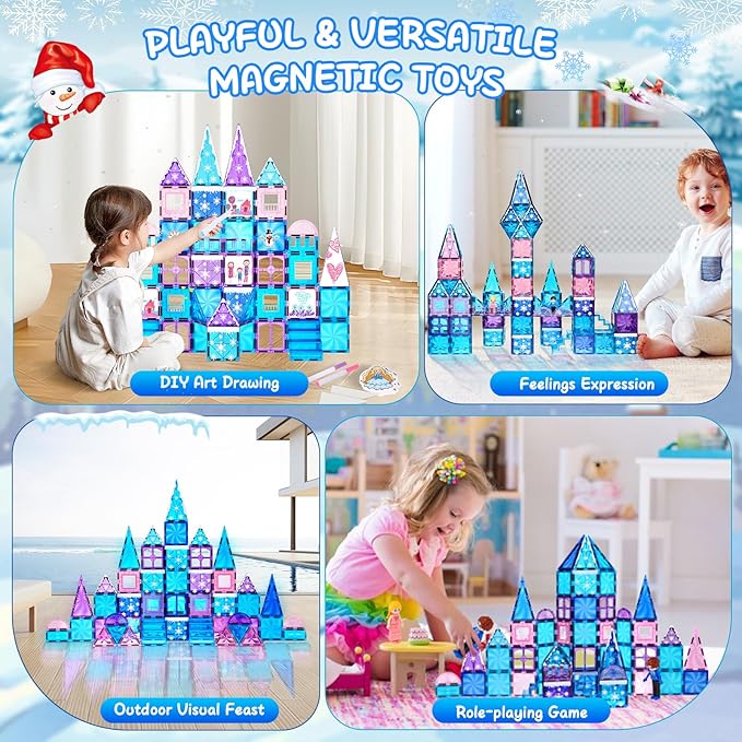 Diamond Magnetic Tiles Set 145PCS with Magnetic Doodle Kit, 3D Blocks Magnet Toys for Girls 3 4-7,8-12, Stem Toys Princess Castle Include 2 Stairs 2 Dolls Decals Stickers,3 4 5 6 7 8+ Girls Xmas Gift