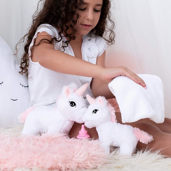 Perfectto Design Unicorn Toy for Girls Age 3, 4, 5. 4 PCS Set - Mommy Baby Stuffed Animal, Bag and a Doll Blanket. Unicorn Gift for 3-6 Year Old Girl Birthday or Christmas. (White Pink)