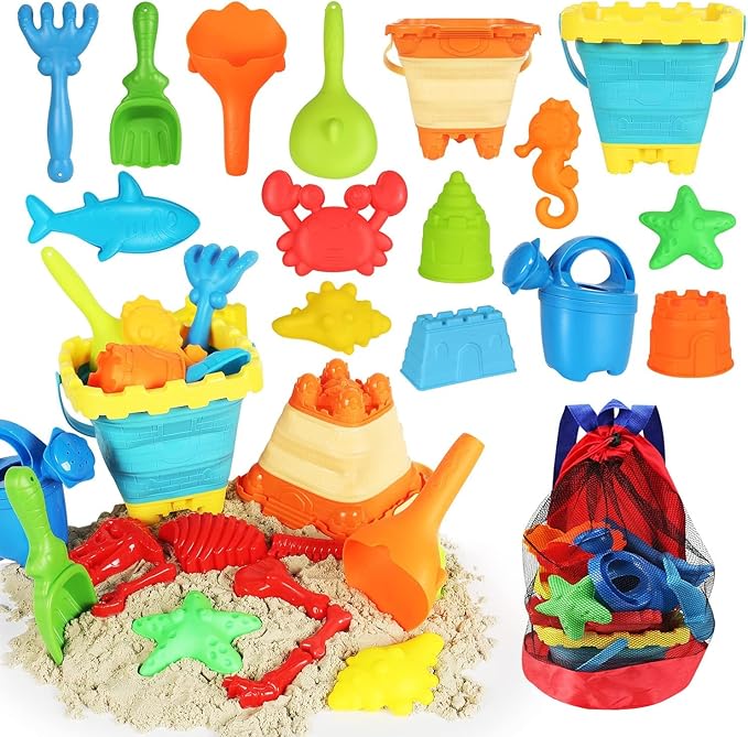 Beach Sand Toys Set, 24PCS Sandbox Toys with Mesh Backpack Bag Included 2 Foldable Buckets Pails, Sand Molds, Shovels, Rakes and Watering Can, Summer Outdoor Toys for Kids Toddlers Boys Girls