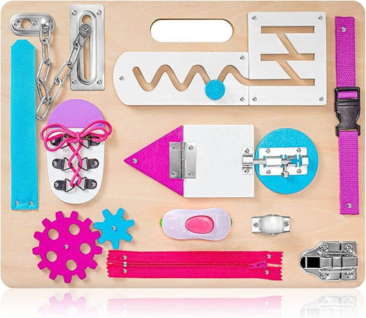 Montessori Busy Board for Toddlers, Wooden Sensory Toys, Kids 1-3 Travel Toy, Preschool Learning Activities for Fine Motor Skills, Basic Life Skills Educational Gifts for 1 2 3 Years Old Girls (Pink)