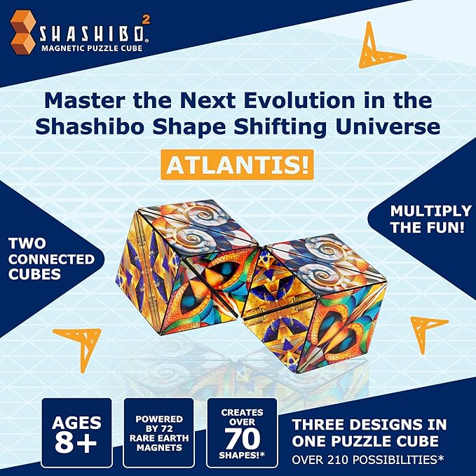 Shashibo Squared Shape Shifting Box – Next Generation XL STEM Magnetic Fidget Cube That Transforms Into Over 70 Shapes – Pairs w/All Shashibo Cubes - Download Fun in Motion Toys Mobile App (Atlantis)