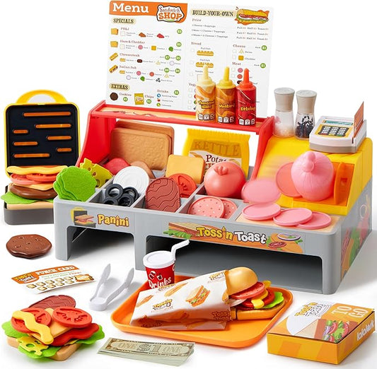 Play Restaurant Toy and Pretend Play Food for Kids, Play Kitchen Accessories Include Sandwich Maker Toy with Slicer for Ham, Menu and Ingredients, Food Toy for 3 4 5 6 Year Old Girls Birthday Gift