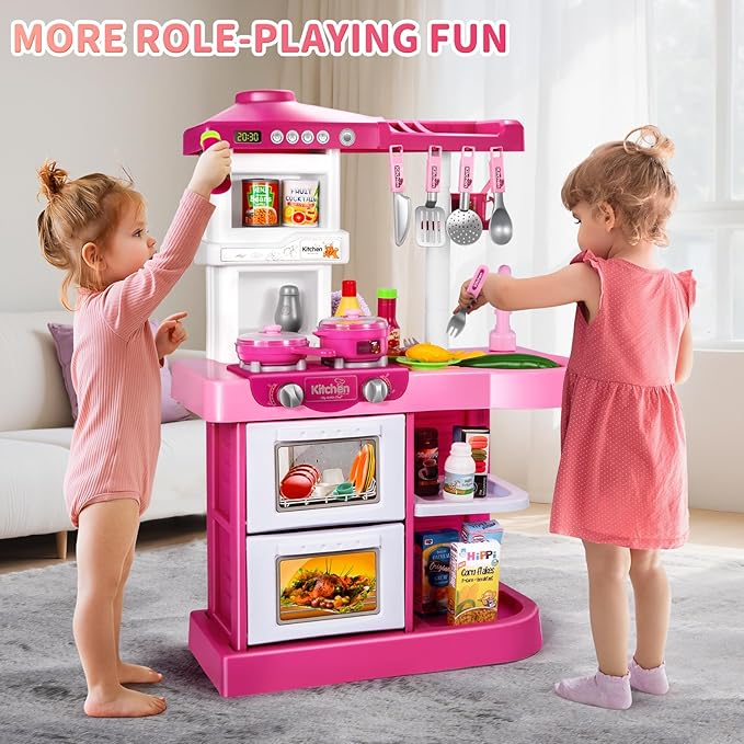 53 PCS Play Kitchen Pretend Food Set for Kids Ages 3-6 4-8, Pink Kitchen Toys with Light, Sound and Spraying, Sink Toy Accessories, Indoor Outdoor Playset for Toddlers 3-5 Boys Girls 6-12