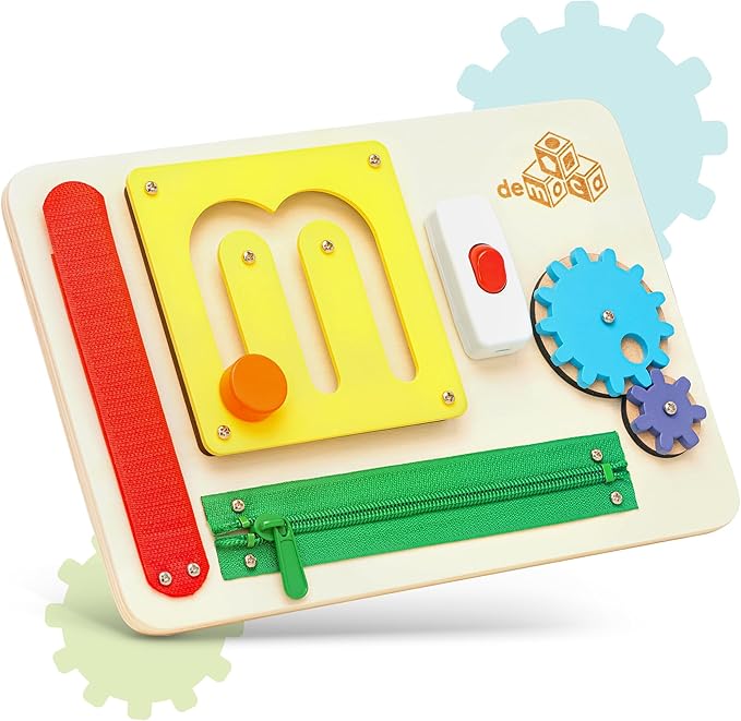 deMoca Sensory Busy Board for Toddlers, Premium Wooden Toddler Busy Board for 1 2 3 Year Old with 10 Educational Activities for Fine Motor Skills, Fidget Activity Toy for Travel Toy