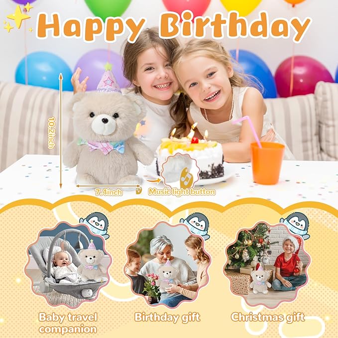 Birthday Interactive Teddy Bear, Musical Birthday Stuffed Animal, Clapping Activates Singing Dancing Shaking, Cute Bear Plush Recording Mimicking Toy Gifts for Kids Girls Boys