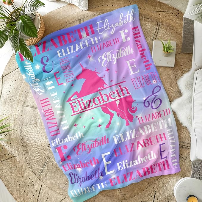 Unicorn Gifts, Personalized Girls Throw Blanket with Name for Kids 4-6, Custom Monogram Blankets for Daughter Niece Toddler, Unicorn Stuff Themed Throws for Cars Travel Camping Party Decor