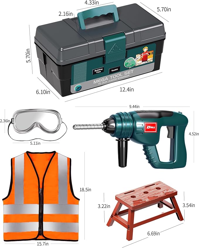 Deejoy Tool Set with Tool Box & Electronic Toy Drill, Pretend Play Kids Construction Kits for Kids Ages 3-5 Years Old, Toddler Boy Toys (Green)