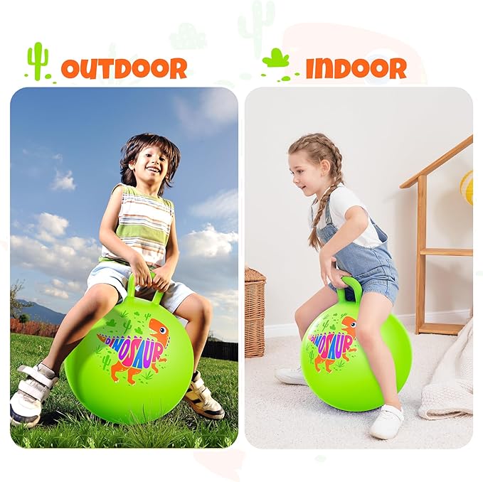 ZOOJOY Hopper Ball for Kids Aged 3-8, 18In Bouncy Balls with Handle, Green Dinosaur Hoppity Hop Ball with Pump, Indoor Outdoor Inflatable Jumping Hopping Toys for Boys Girls Girls