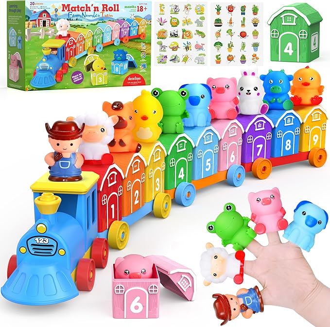 Montessori Toys for Toddlers 1 2 3 Years Old, Farm Animal Train Set with Counting Matching Sorting Activities 9 Barns, 10 Finger Puppets, 2 Stickers-Learning Toys for Baby Boys Girls, Preschool Gift