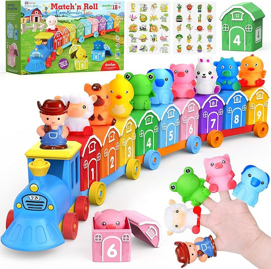 Montessori Toys for Toddlers 1 2 3 Years Old, Farm Animal Train Set with Counting Matching Sorting Activities 9 Barns, 10 Finger Puppets, 2 Stickers-Learning Toys for Baby Boys Girls, Preschool Gift