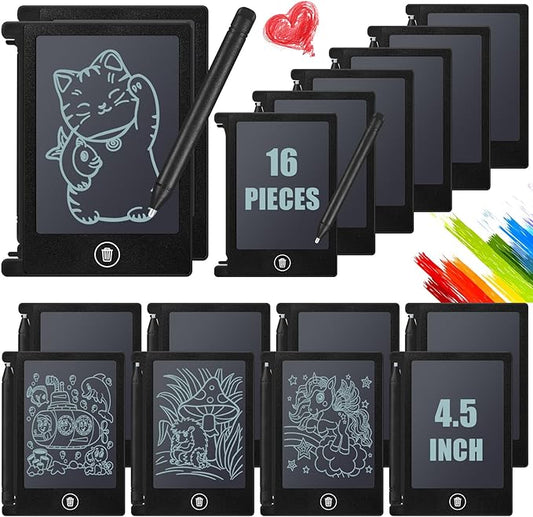 Nezyo 16 Pieces 4.5 Inch Mini LCD Writing Tablet for Kids Electronic Doodle Board Colorful Drawing Tablet Bulk Erasable Writing Pad Reusable Learning Gift for Girls Boys Party Favor(Black)