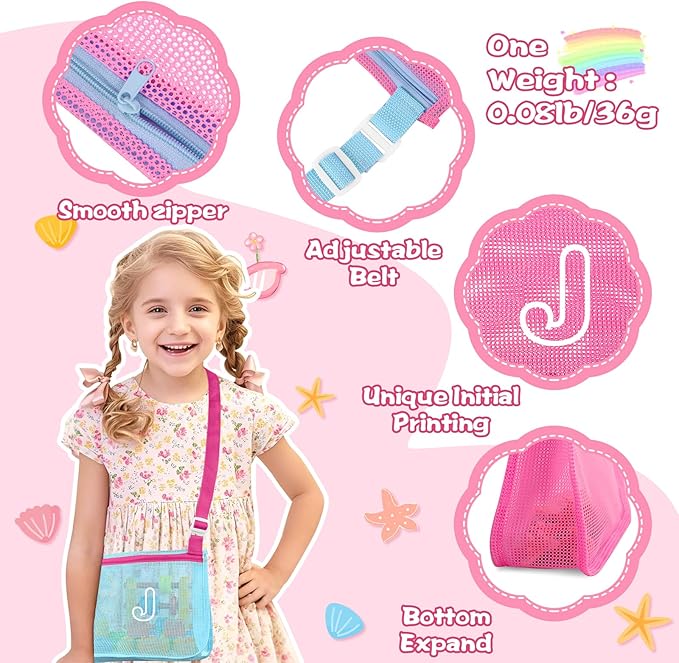 3Pcs Personalized Kids Beach Shell Bag, Initial Seashell Mesh Zipper Beach Pouch, Shell Collecting Bag for Holding Shells with Adjustable Straps, Sand Toys Swim Pouch Gift for Girl Boy Teens(Letter J)