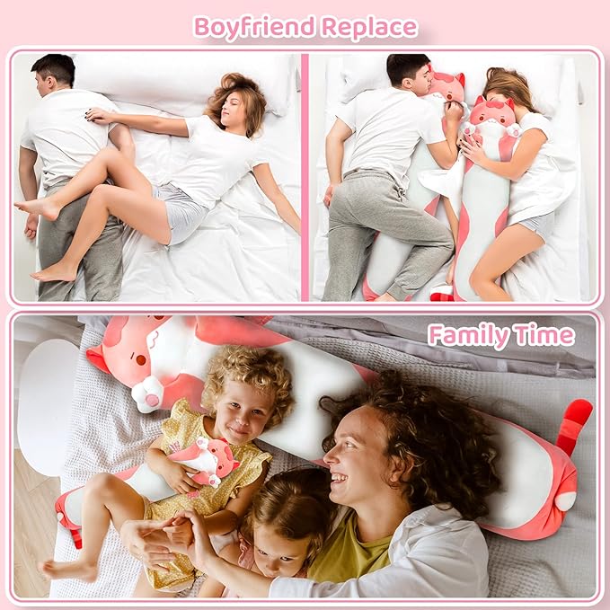 Mewaii Long Cat Plush 5 Sizes, 120% Extra Filling Giant Plushness Kids Body Pillow, Kawaii Cute Pink Cat Stuffed Animals Plushies, Big Long Body Pillow Cat Plush Gift for Girls 28”