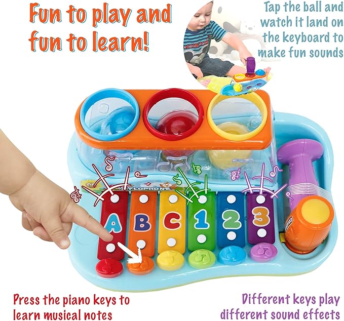 Pop 'N Play Pound a Ball Toy for Toddlers 1-3 - Xylophone Baby Musical Toy Station - 6 Piano Keys, Colorful Balls, Exciting Hammer - Fun to Learn & Develop Fine Motor Skills
