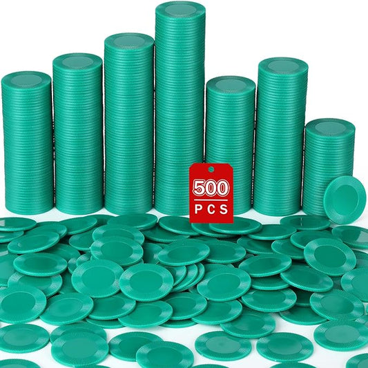 Leitee 500 Pcs Green Plastic Poker Chips Bulk 1.5 Inch Mini Bingo Chips Tokens Markers Blank Casino Counting Discs Learning Math Counters for Adults Interlocking Game Counting Reward Card