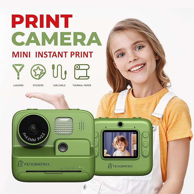 Instant Print Camera for Kids – No Ink Needed, 2.4" Screen, Selfie & 1080P Video, 10X Zoom, 3 Paper Rolls, Stickers & Markers, Fun Creative Gift for Boys & Girls Ages 3 4 5 6 7-12– FENORATRIX Green