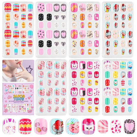 SAVILAND Press on Nails for Kids 7-day Styling: 168PCS Kids Press on Nails for Girls Colorful Patterns Full Cover Short Square Fake Nails False Nail Art Set Christmas Easter Gifts 8-12 Years Child
