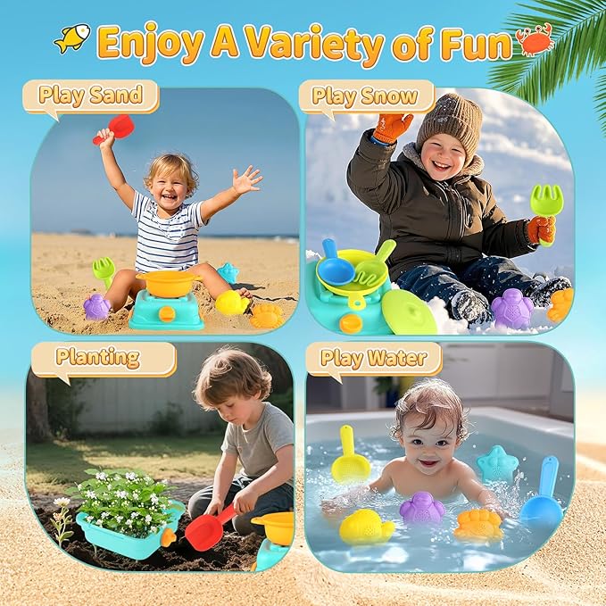 Beach Sand Toys for Toddlers, Seaside Sand Cooking Play Set, Kids Sandbox Toys with Sand Molds and Shovels, Mesh Bag, Baby Boys Girls Outdoor Toys Travel Beach Essentials