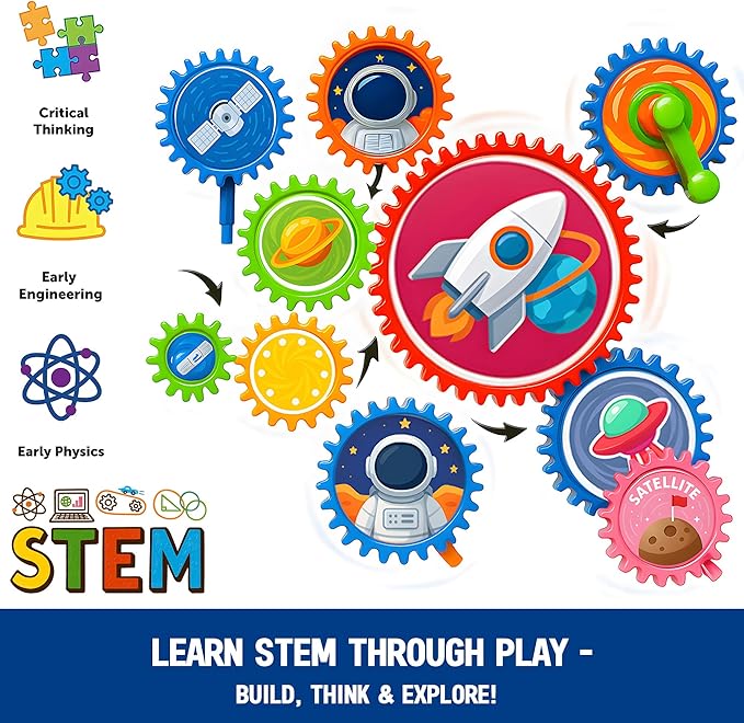 Motorized Spinning Gear Building Toys for Kids, Space Rocket STEM Construction Set, Educational Interlocking Building Blocks Puzzle | Gear Toys for Toddlers Ages 3-8